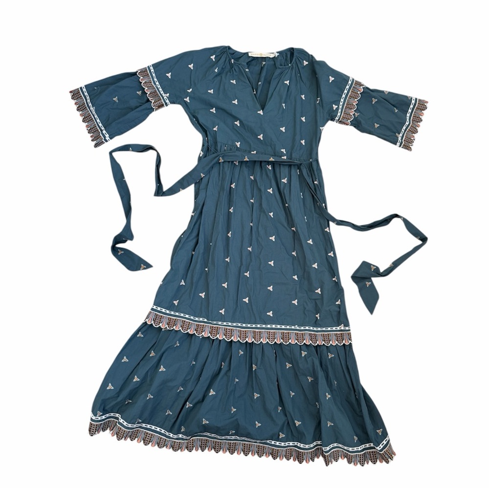 Marie Oliver Blue Midi Dress with Embroidered Accents
